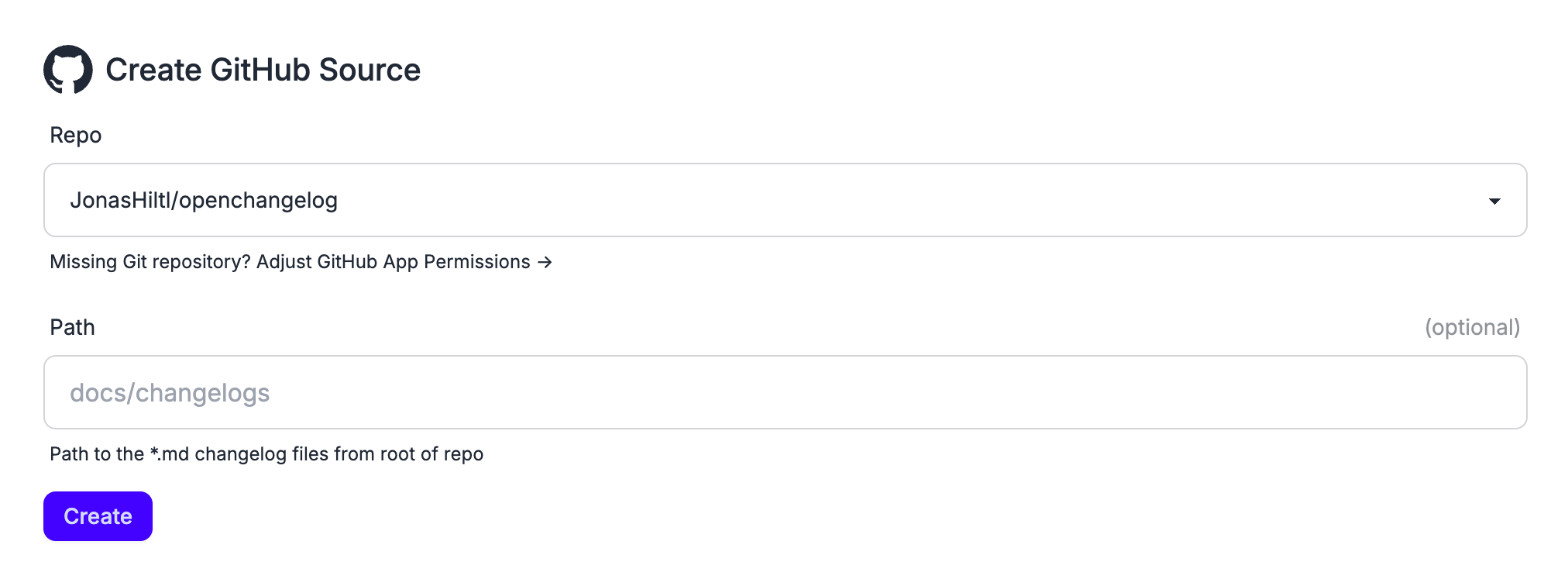 Form to select repository and define path to create github source