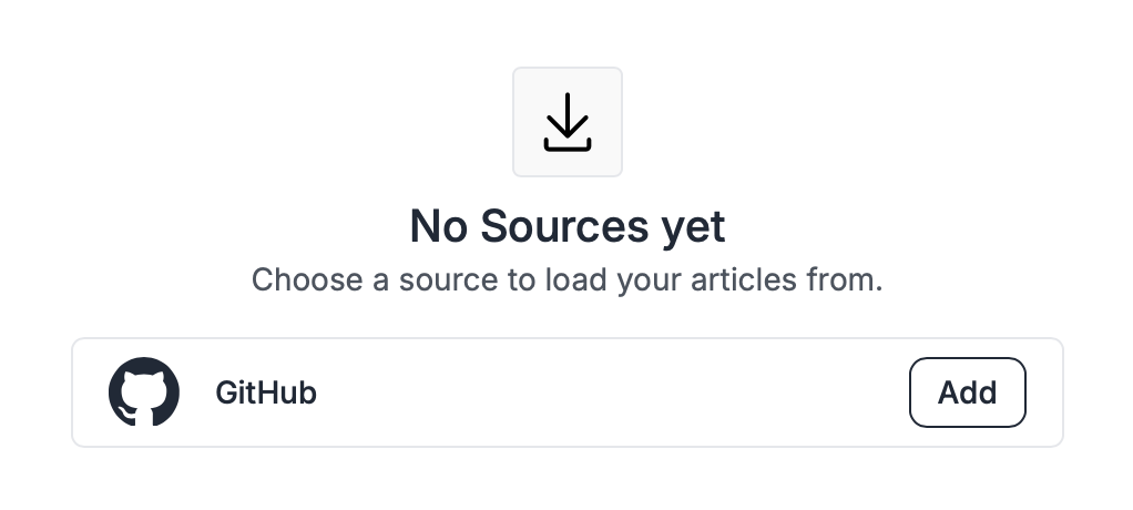 Shows the eempty sources state with a button to create a github source