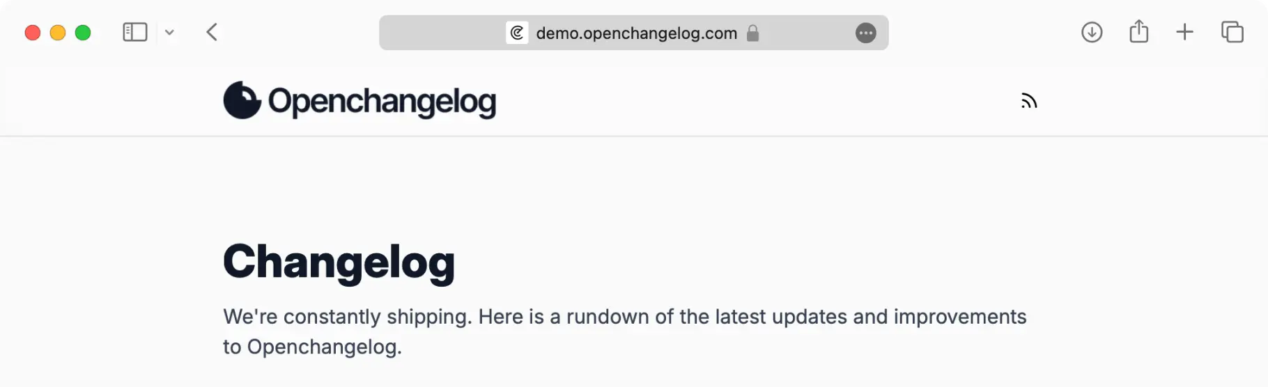 Changelog header with openchangelog logo in safari mockup