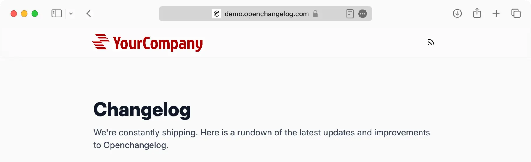 Changelog header with openchangelog logo in safari mockup